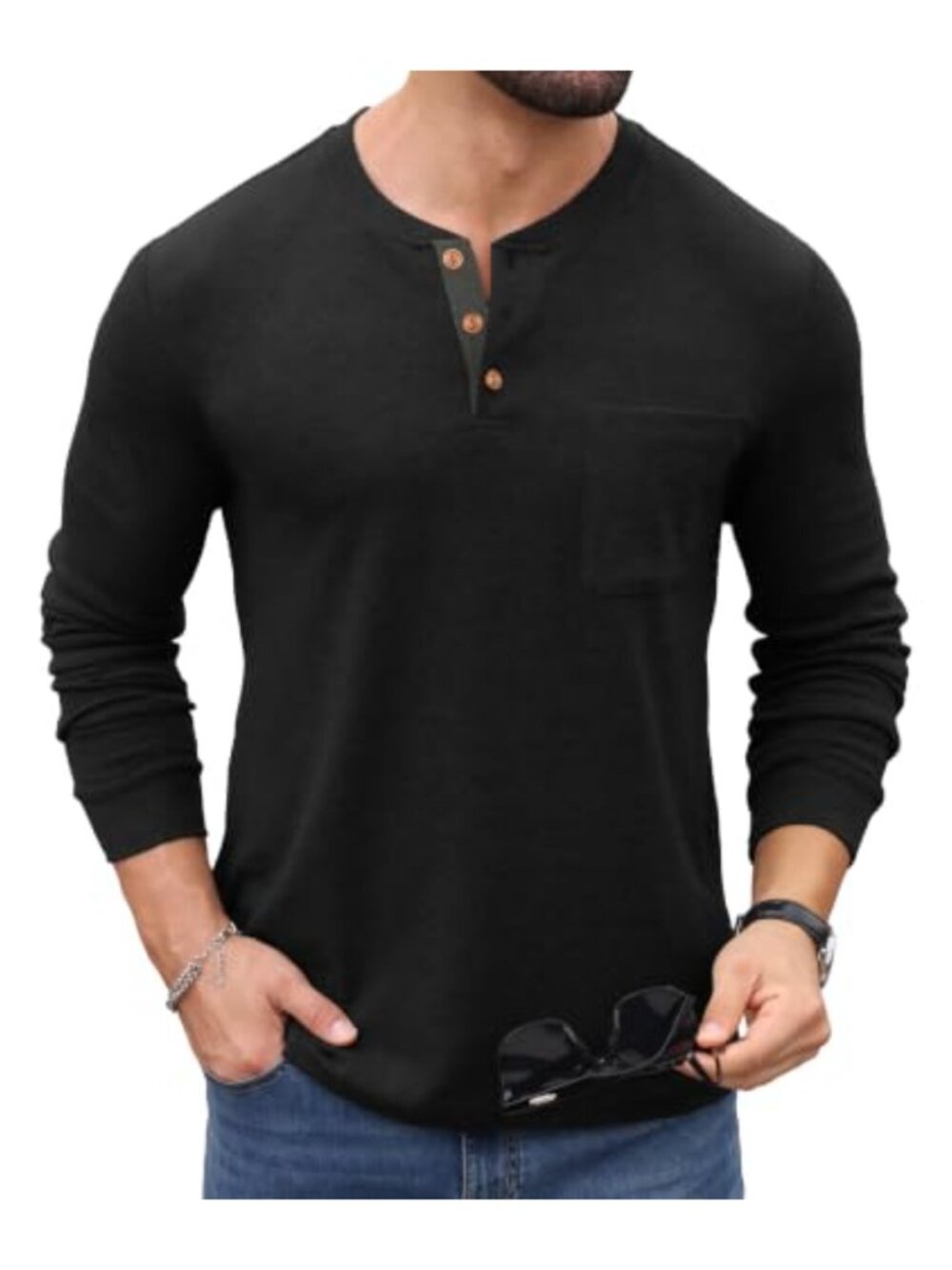 Men's Long Sleeve Henley Shirt Button Pullover Casual with Pocket